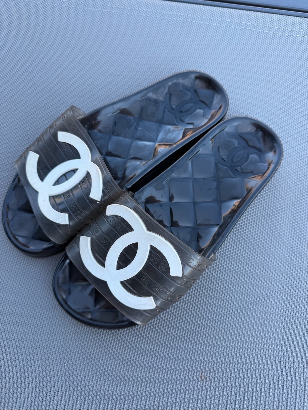 CHANEL Black Jelly Slide Sandals with White CC Logos